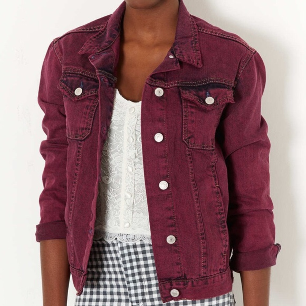 Topshop Moto Maroon Denim Jacket